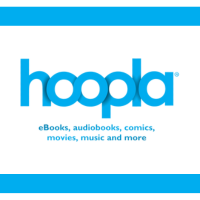 A light blue strip above and below the words "Hoopla" on a white background