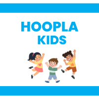 Three kids jumping with the words "Hoopla Kids" displayed above the picture. Light blue banner on top and bottom with white background.