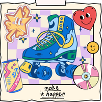 A photo frame polaroid of a blue roller skate, decorated with stickers.