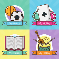 Four Hobbies are represented: sports (top left corner), card and board games (top right corner), reading (bottom left corner), and instruments (bottom right corner).