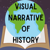 Open book with globe inside with the words "Visual Narrative of History" over top.