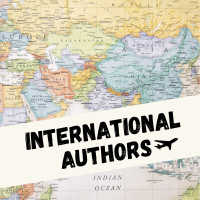 a world map and small airplane with text saying international authors