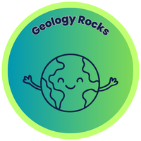Cartoon earth with a smiley face and arms text says geology rocks