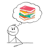 Stick figure at a desk with a though bubble that has a stack of books in it