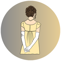 woman with an updo and regency era clothing that has her back to us
