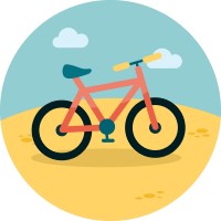 A round circle with a bicycle on a hill of land.
