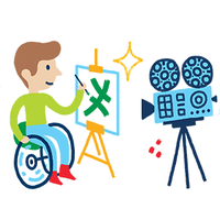 A young boy in a wheelchair with a green sweater, blue pants and red shoes. He is painting an abstract green picture and there is a camera to the right filming him.