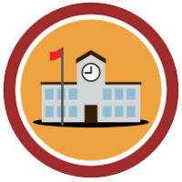 A circle with a two story building in the middle with a clock and a flag poll out front.