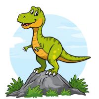 Green and yellow T-Rex standing on top of boulders with greenery surrounding rocks as well as clouds floating in blue sky in background.