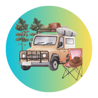 Beige '69 GMC Jimmy outfitted with an aftermarket fabricated crash bar parked under 2 pines The Jimmy is fully loaded down with camping gear onto a roof rack. Sitting next to the Jimmy is a pink camp chair with a hat(?) sitting on it.