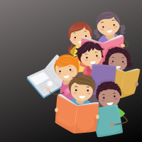 gradient black background with an illustration of a group of kids all reading