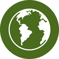 A green circle with a white outline of earth on top