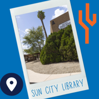 Photo of the Sun City Library on a blue background with an orange saguaro to the right and a map marker icon to the left.