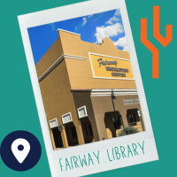 Photo of the Fairway Library on a green background with an orange saguaro to the right and a map marker icon to the left.