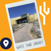 Photo of the White Tank Library on a yellow background with a white saguaro to the right and a map marker icon to the left.