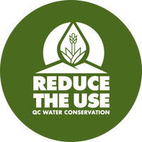 A green circle with white text that reads "Reduce the Use. QC Water Conservation." Above the text is a white mountain range and a white plant.