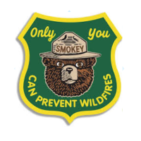 Smokey Bear wears his forest ranger hat with the words "only you can prevent forest fires"