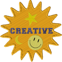 Yellow embroidered sun with a lighter yellow embroidered star, moon and smiley face