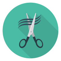 A circle with scissors cutting three strands of hair.