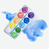 Image of a watercolor pallette tray, multicolored, with a blue splotch underneath as if the watercolors have spilled out.