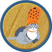 Tan circular patch with a blue border. A grey and white cat is shown with an orange Croc on its head. The cat's expression is resigned.