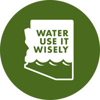 A green circle with a white outline of Arizona on top. Within the outline, it says, "Water use it wisely"