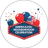 city of mesa america 250 neighborhood celebration logo with red, white and blue stars and balloons