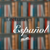 Fondo con libros, con las palabras «Lectura en Español» en el centro y al frente.