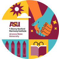 Circle with blocks of color within it. Each square includes an image. These are the ASU Harmony institute logo, sun, 2 hands holding, crayons, and an open book.