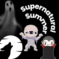 header says super natural summer. Below words are images of a vampire, mummy, werewolf and ghost.