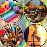 Four circles with different art styles: yarn to crochet, ceramics, paintbrushes, and a camera.
