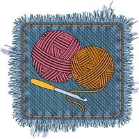 A frayed denim badge showing pink and orange balls of yarn and a crochet hook