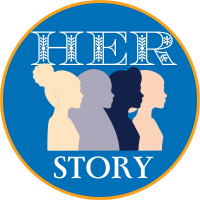 Four female silhouettes are flanked by a circular background of blue. A gold rim surrounds the blue circle, and the words "Her Story" sit above and below the women.