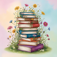 stack of books with flowers growing around them.