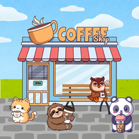 Coffee shop building on a cobble stone street, surrounded by grass.  Out in front are small tabby colored anime cat with small coffee cup, a sloth hugging a to-go coffee cup, a brown owl with a coffee cup, and a panda with a Bobba coffee.