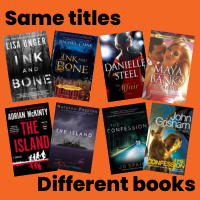 orange background. Header: Same books. Footer: Different titles. Images are the book covers of the following books: Ink and Bone, The Affair, The Island, and The Confession by various authors