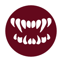 Burgundy circle displaying a white set of vampire teeth
