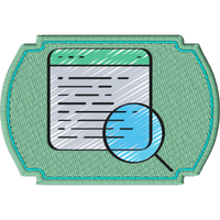 Light green shield-shaped badge showing a cartoon web site with a magnifying glass