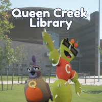 Quail and Cactus characters standing outside of the Queen Creek Library.