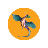 Gold circle displaying a multicolored wyvern.