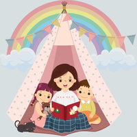 A mother reading to her son and daughter in side a pink tent, with triangle flag banners, on a backdrop of a rainbow and clouds