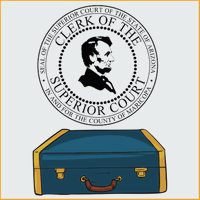 Seal of the Superior Court of the state of Arizona in and for the County of Arizona with closed trunk illustration.