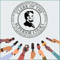 Seal of the Superior Court of the state of Arizona in and for the County of Arizona with multiple journalist arms holding microphones and recording devices.