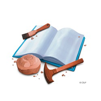 Blue book opened, with tools