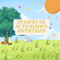 Un campo de hierba con flores, mariposas, un árbol y un conejo corriendo por él. Con un texto que dice "Desafío de Actividades Divertidas".