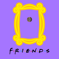 Purple background with the television logo for Friends. Above logo features a yellow frame that has a door peep hole in the upper center area of frame