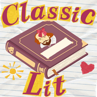 Clipart of a Shakespeare book with the words Classic Lit around it in scrapbook style