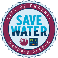 Circle image that says "City of Phoenix, Save Water, Mayor's Pledge".