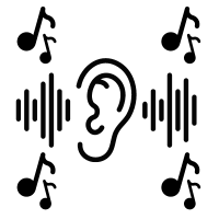 silhouette of an ear with sound waves on both sides. In each corner features music notes