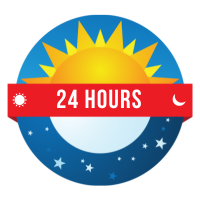 circle with sun in top half and night time in bottom half. In middle there's a banner that says 24 hours